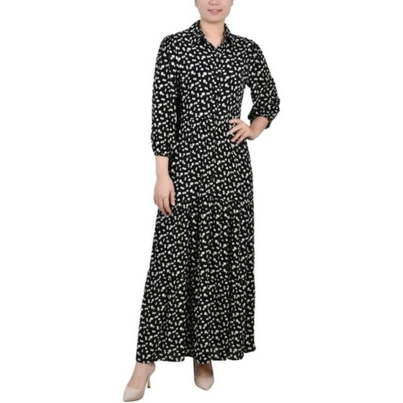 NY Collection Floral Print Crinkle Tiered Maxi Dress Black/Ecru Ditsy Sze PL NWT - Picture 1 of 7